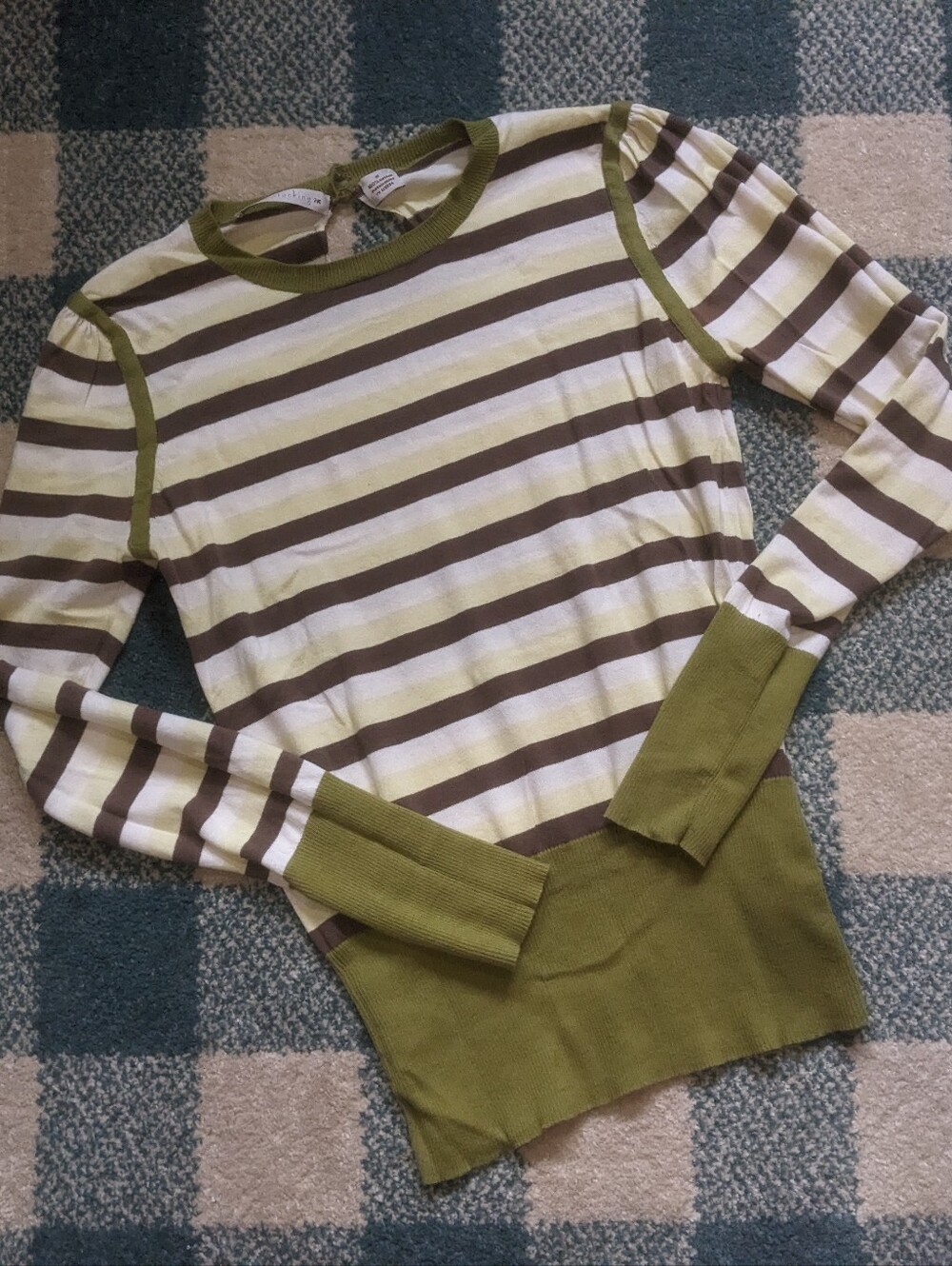 Blu Stocking 100% Cotton Chartreuse Butter Yellow And Brown Stripe Long Sleeve M